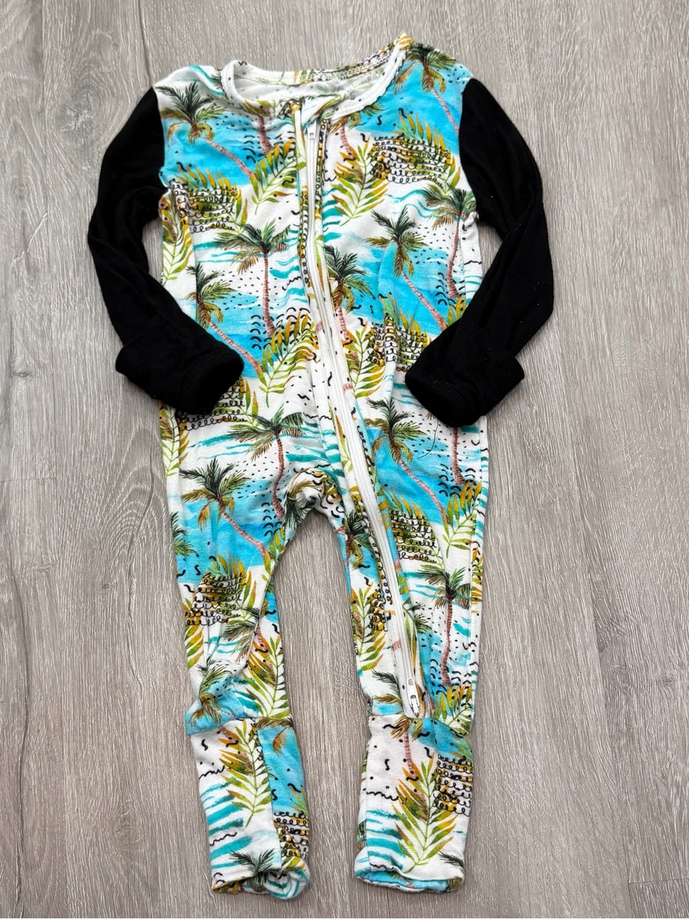 Kids Tropical Palm One-Piece Romper - Black Sleeves, Blue Print